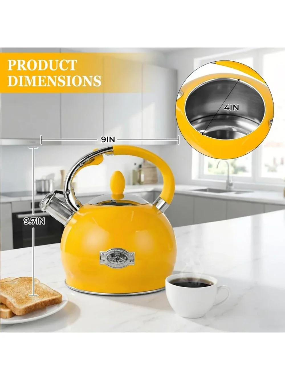 SUSTEAS Kitchen Whistling Tea Kettle 2.64Quart Stainless Steel Stove Top Yellow